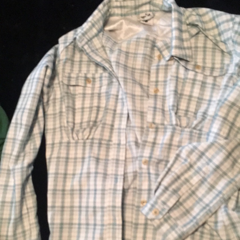 Womens Rugged Exposure vented long sleeve button down top large green and white